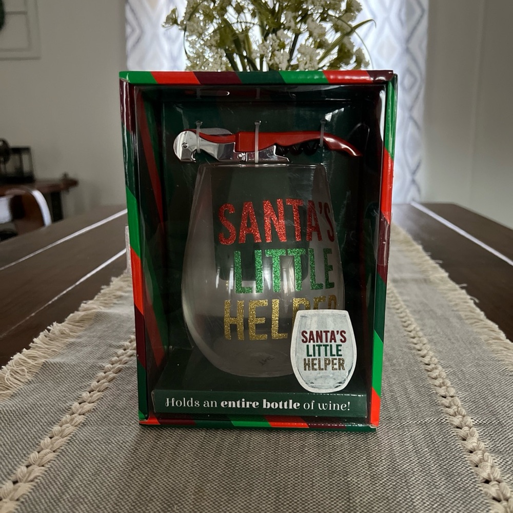 Set 2 -30oz Stemless Santa's Little Helper Wine Glass & Double Hinged Corkscrew